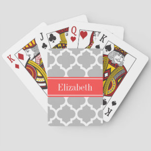 Baraja De Cartas Gray White Moroccan #5 Coral Red Name Monogram