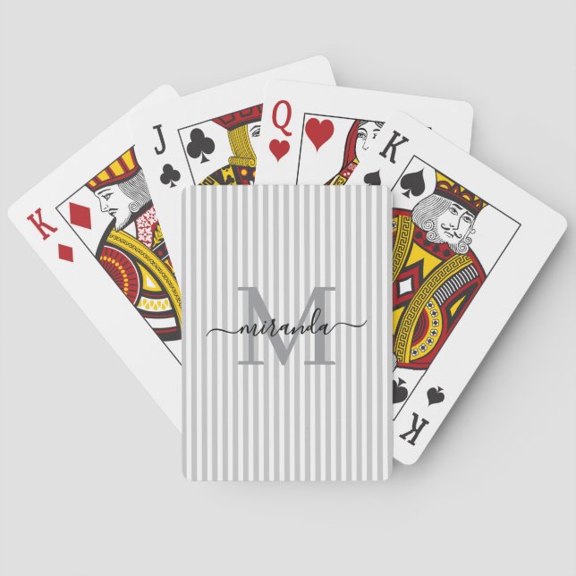 Baraja De Cartas Gray & White Striped Monogram Name (Reverso)