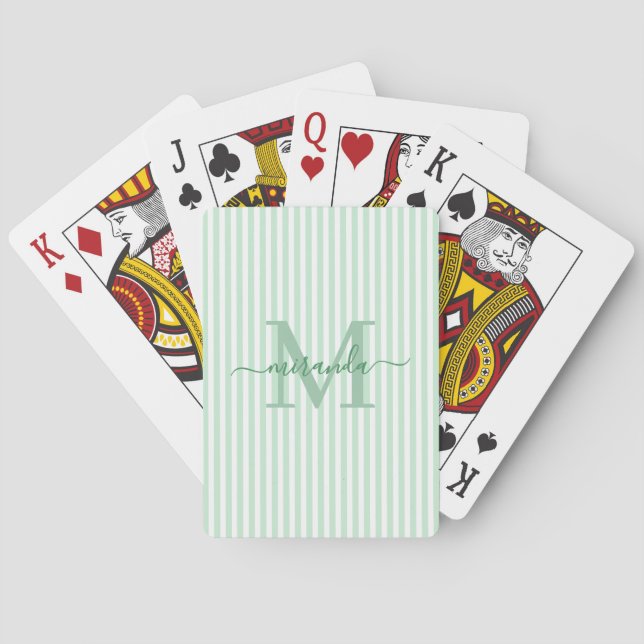Baraja De Cartas Green & White Striped Monogram Name (Reverso)