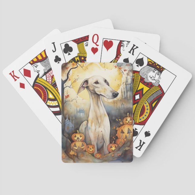Baraja De Cartas Greyhound de Halloween con calabazas asustadas (Reverso)