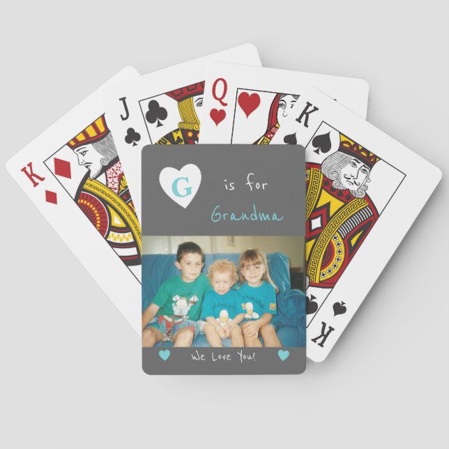 Baraja De Cartas Gris y turquesa con nombre y foto (Reverso)