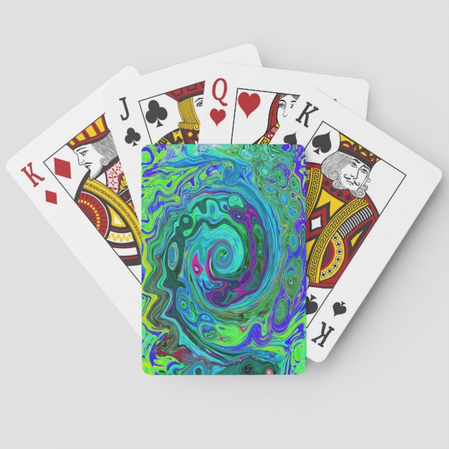 Baraja De Cartas Groovy Resumen Swirl Retro Verde y Azul (Reverso)