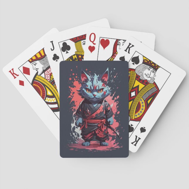 Baraja De Cartas Guerrero Ninja Gato Gris Acuarela Genial (Reverso)