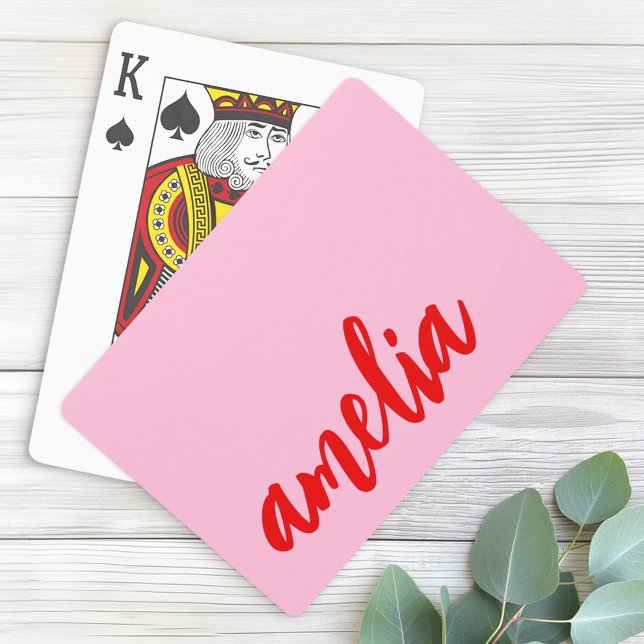 Baraja De Cartas Guión de nombre personalizado negrita rosa y rojo (Custom name script bold pink and red poker cards)