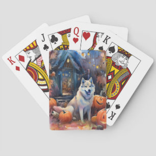 Baraja De Cartas Halloween Alaskan Malamute con calabazas aterrador