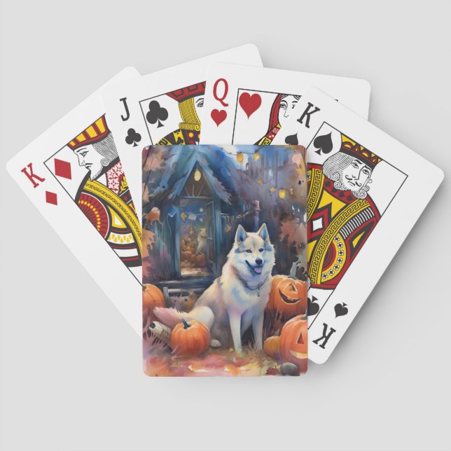 Baraja De Cartas Halloween Alaskan Malamute con calabazas aterrador (Reverso)