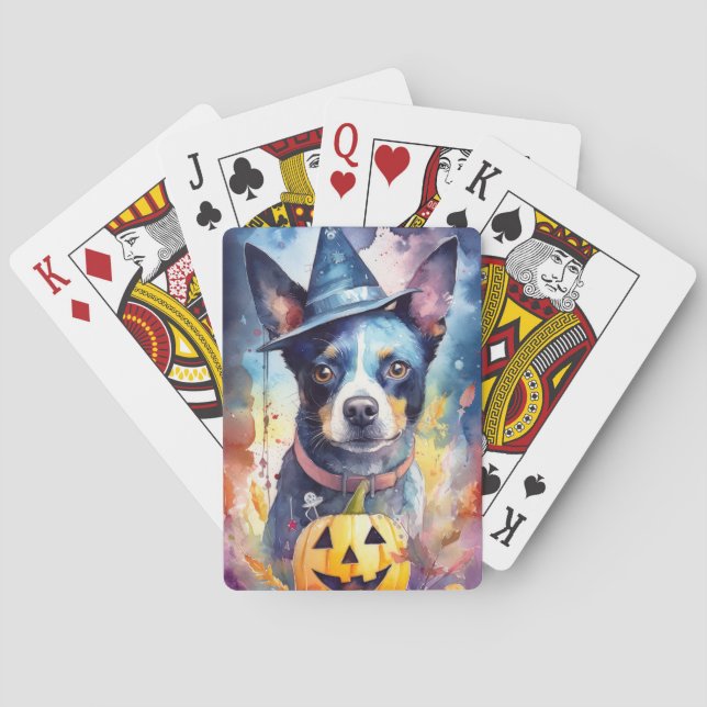 Baraja De Cartas Halloween Blue Heeler con calabazas aterradoras (Reverso)