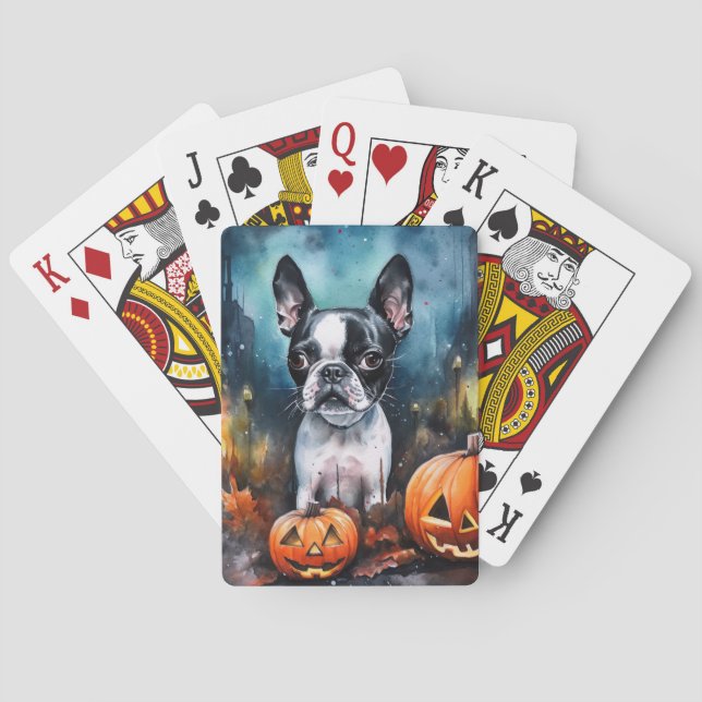 Baraja De Cartas Halloween Boston Terrier con calabazas aterradoras (Reverso)