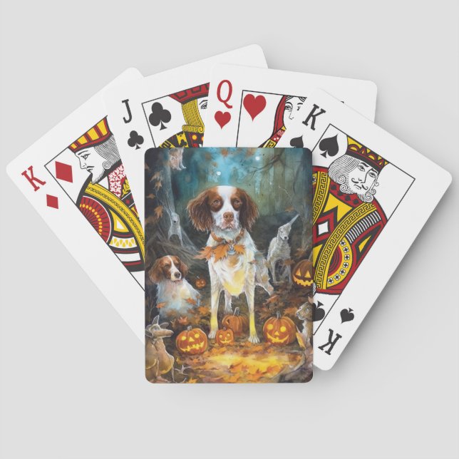 Baraja De Cartas Halloween Brittany Spaniel con calabazas aterrador (Reverso)