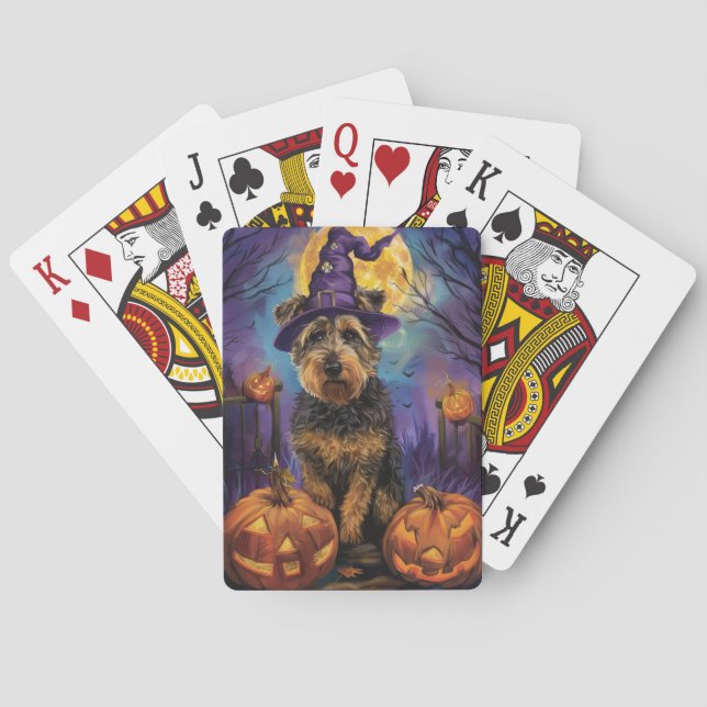 Baraja De Cartas Halloween, bruja y calabaza de Airedale (Reverso)