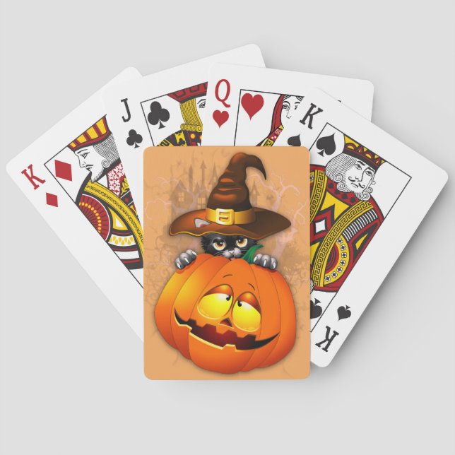 Baraja De Cartas Halloween Cute Kitty Witch and Pumpkin Friend    (Reverso)