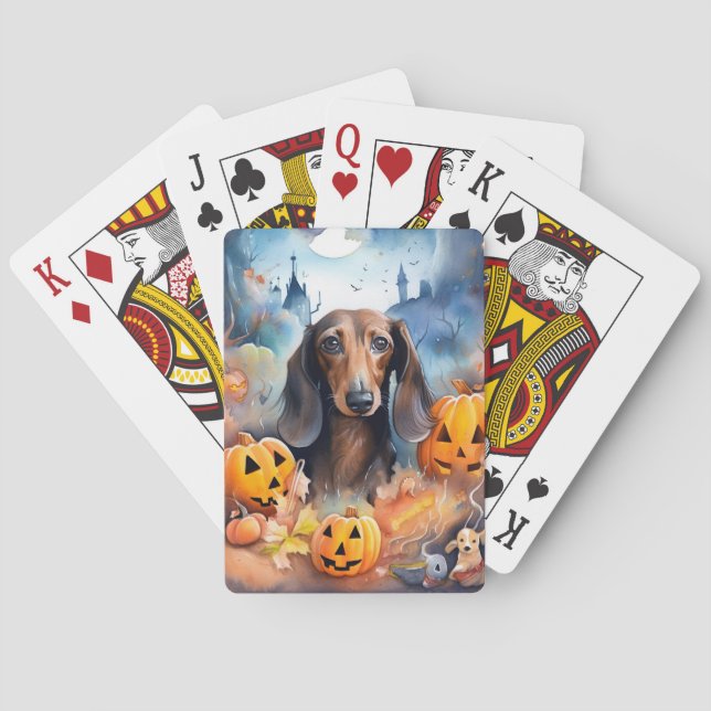 Baraja De Cartas Halloween de Dachshund con calabazas aterradoras (Reverso)