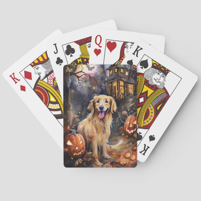 Baraja De Cartas Halloween Golden Retriever con calabazas aterrador (Reverso)