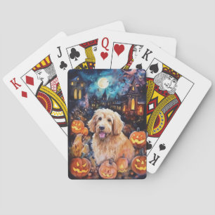 Baraja De Cartas Halloween Goldendoodle con calabazas aterradoras