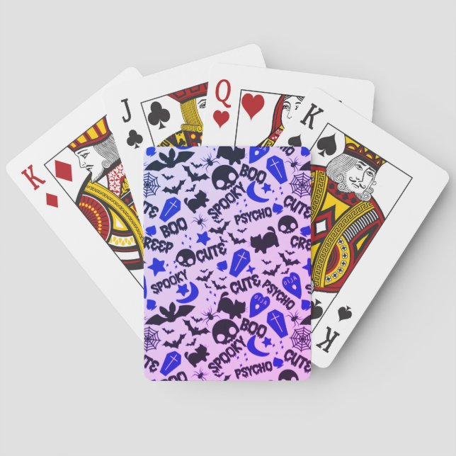 Baraja De Cartas Halloween morado, azul y negro lindo y divertido (Reverso)