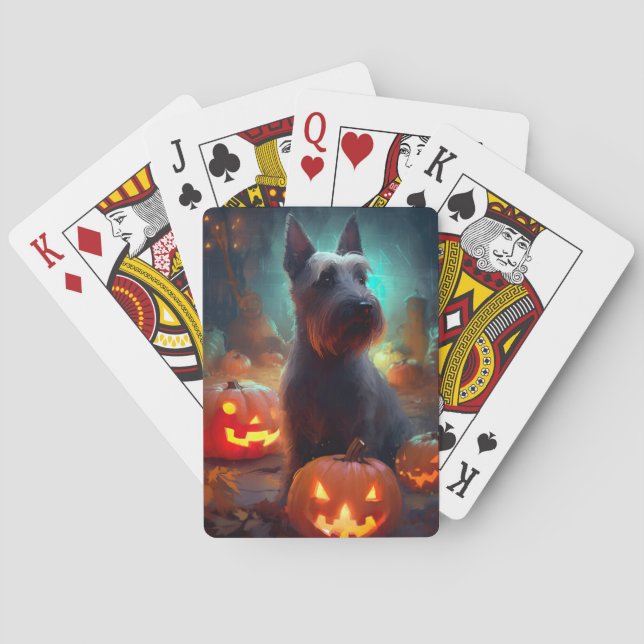 Baraja De Cartas Halloween Scottish Terrier con calabazas aterrador (Reverso)
