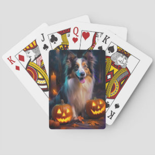 Baraja De Cartas Halloween Shetland Sheepdog con calabazas asustada