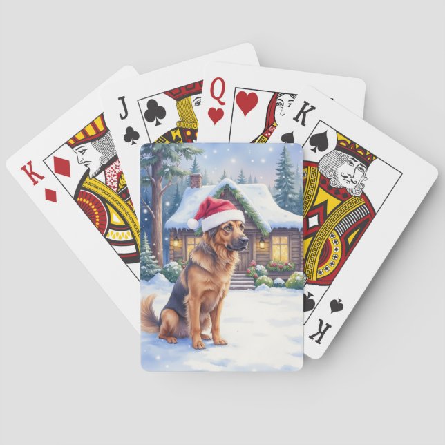 Baraja De Cartas Hanoverian Scenthound Snowy Forest Cabin Santa Hat (Reverso)