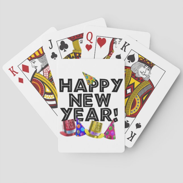 Baraja De Cartas Happy New Year - Black Text with Party Hats (Reverso)