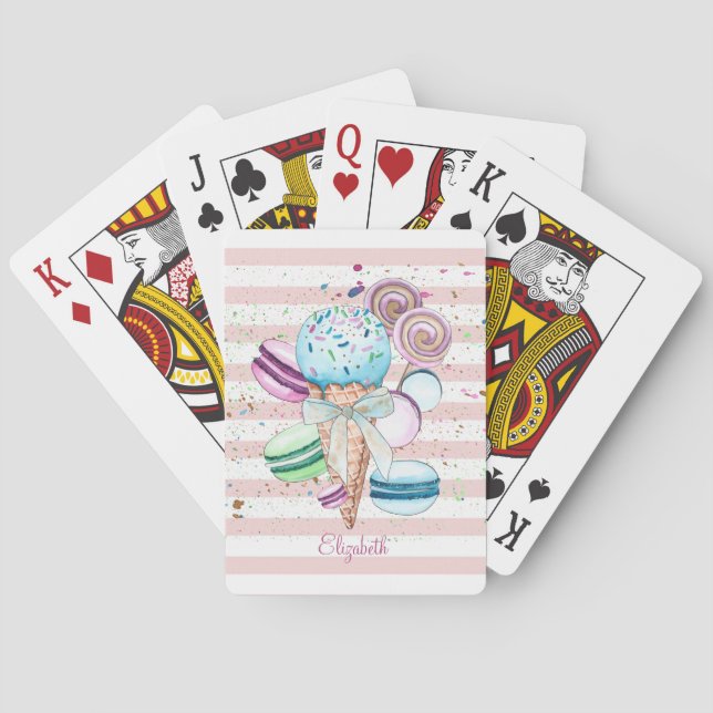 Baraja De Cartas Helado de acuarela,Macarrones,Rayas rosadas (Reverso)