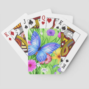 Baraja De Cartas Hermosa mariposa azul con flores acuarela