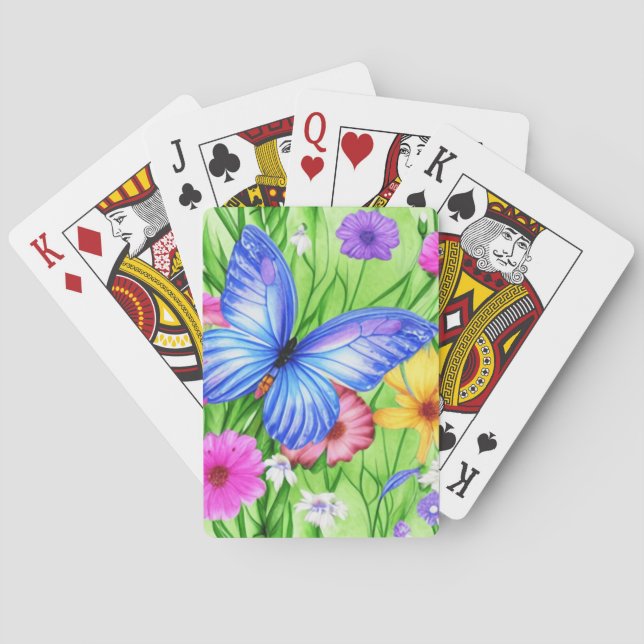 Baraja De Cartas Hermosa mariposa azul con flores acuarela (Reverso)