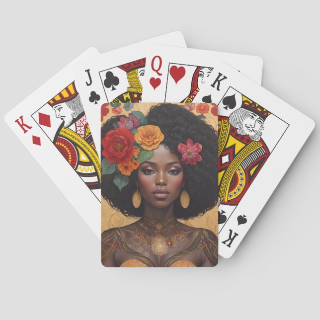 Baraja De Cartas Hermosa mujer afroamericana con flores (Reverso)