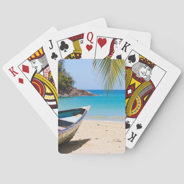 Baraja De Cartas Hermosa playa tropical con lancha (Reverso)