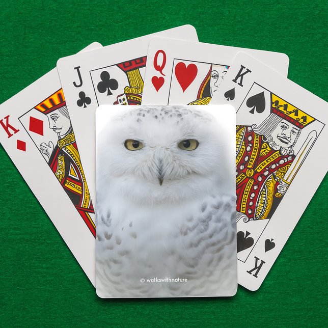 Baraja De Cartas Hermosa, soñadora y serena lechuza (Snowy Owl Playing Cards on Green Felt Playing Surface Cover Photo)