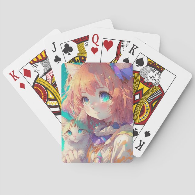 Baraja De Cartas Hermoso Chica de Anime con gatito lindo (Reverso)