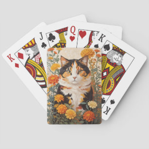 Baraja De Cartas Hermoso Gato Calico Con Flores Marigold