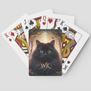 Baraja De Cartas Hermoso Gato Negro Fluffy con Ojos Dorados Monogra
