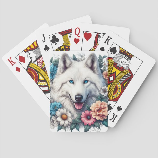 Baraja De Cartas Hermoso lobo blanco y flores (Reverso)