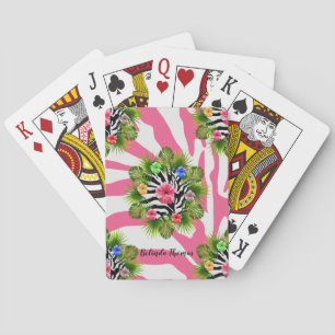 Baraja De Cartas Hibisco tropical y rayas exóticas de cebra rosa