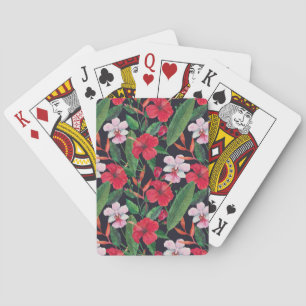 Baraja De Cartas hibiscos rojos, orquídeas, acuarela tropical.