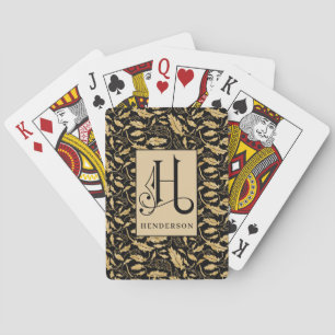 Baraja De Cartas Hojas de oro elegantes sobre patrón negro con mono