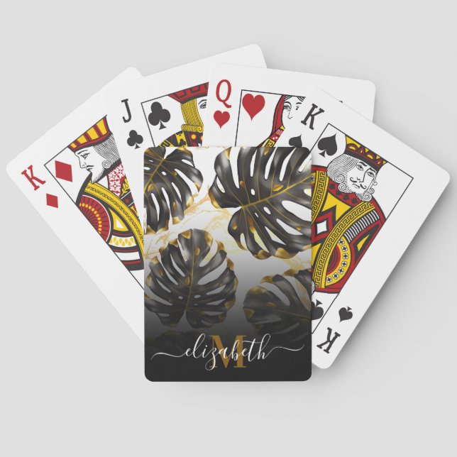 Baraja De Cartas Hojas tropicales negras y doradas (Reverso)