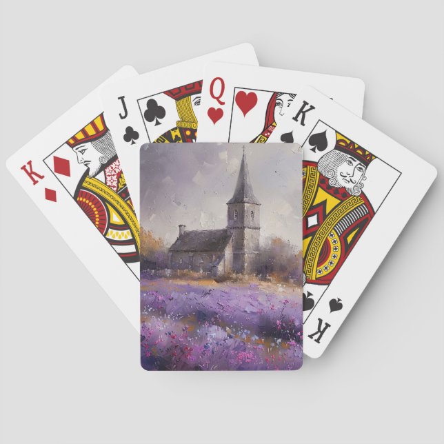 Baraja De Cartas Iglesia Rústica y Pintura de campo de flores viole (Reverso)