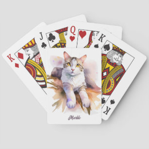 Baraja De Cartas Ilustracion acuarela de gato blanco dulce