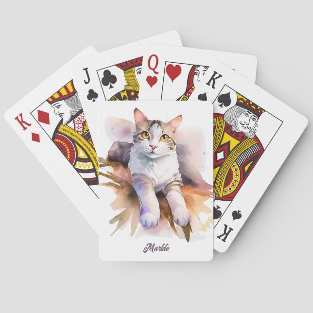 Baraja De Cartas Ilustracion acuarela de gato blanco dulce (Reverso)