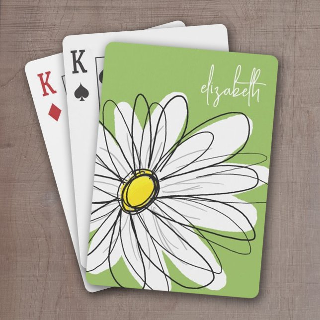 Baraja De Cartas Ilustracion Daisy Floral de moda - cal y amarillo (Whimsical Daisy Playing cards personalized with your name)