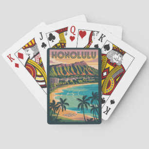 Baraja De Cartas Ilustración de Honolulu Hawái Arte de Viaje Vintag