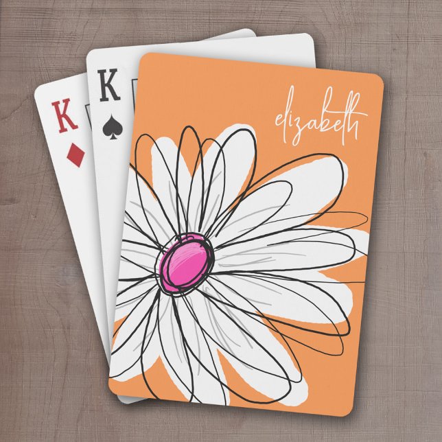 Baraja De Cartas Ilustracion de margarita floral de moda - rosa y N (Whimsical Daisy Drawing with a place to add your name - personalized playing cards)