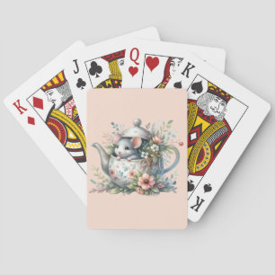 Baraja De Cartas Ilustración de ratón lindo en tetera floral