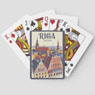Baraja De Cartas Ilustración de Riga Letonia Arte de viaje vintage