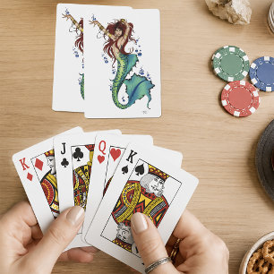 Baraja De Cartas Ilustración de sirena de fantasía verde azulado vi
