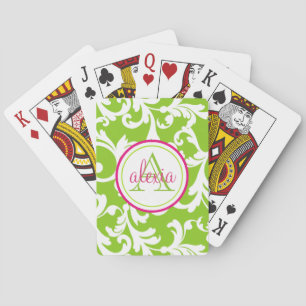 Baraja De Cartas Impresión de Damasco monogramado de frambuesa y ca