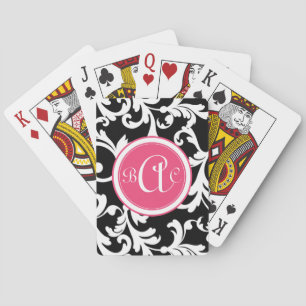 Baraja De Cartas Impresión de Damasco Monogramado rosa y negro