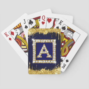 Baraja De Cartas Inicial A con Monograma Dorado y Brillo Azul