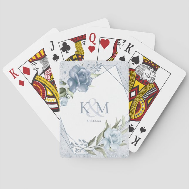 Baraja De Cartas Iniciales Bodas de espárragos florales Dusty Blue  (Reverso)